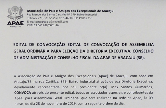 Apae Aracaju lança edital para eleições da nova diretoria da entidade